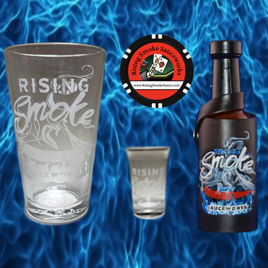 Rising Smoke Sauceworks Merchandise.  Hot Sauce Holster.  Shot Glass.  Sugar Skull Cup