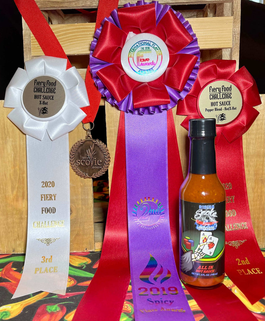 All In Award Winning Carolina Reaper, Ghost Pepper, Habanero XXX Hot Hot Sauce.  All Natural, Gluten Free, Vegan