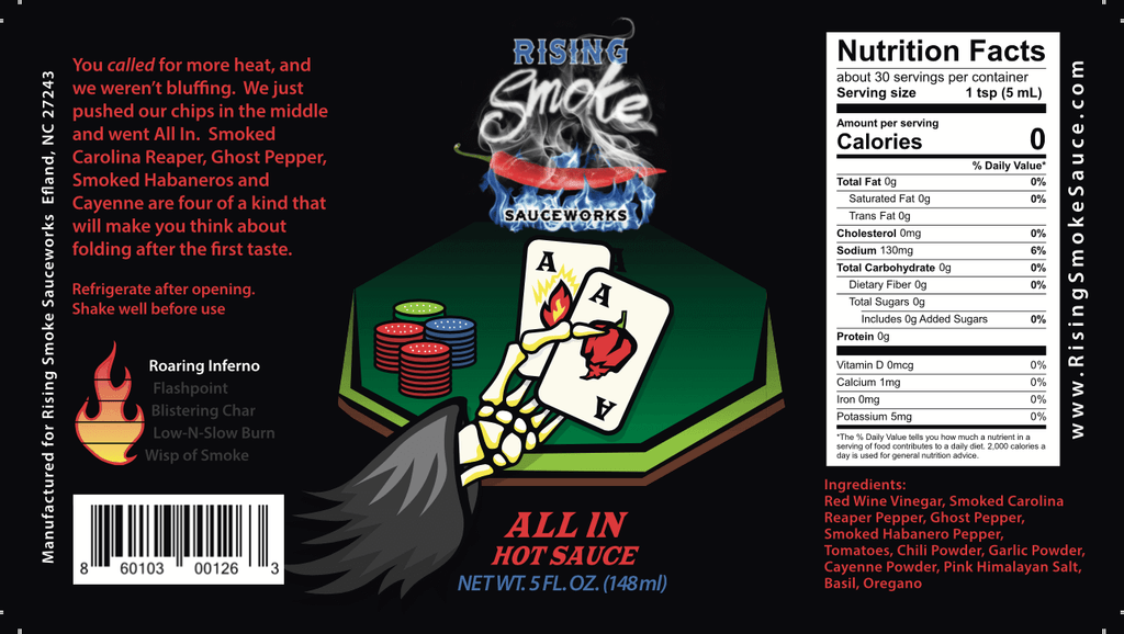 All In Award Winning Carolina Reaper, Ghost Pepper, Habanero XXX Hot Hot Sauce.  All Natural, Gluten Free, Vegan.  Nutritional Panel