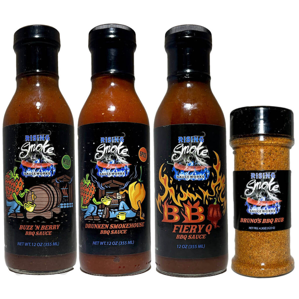 Rising Smoke Sauceworks BBQ Collection, mild, medium, Xhot BBQ sauces and mild BBQ rub