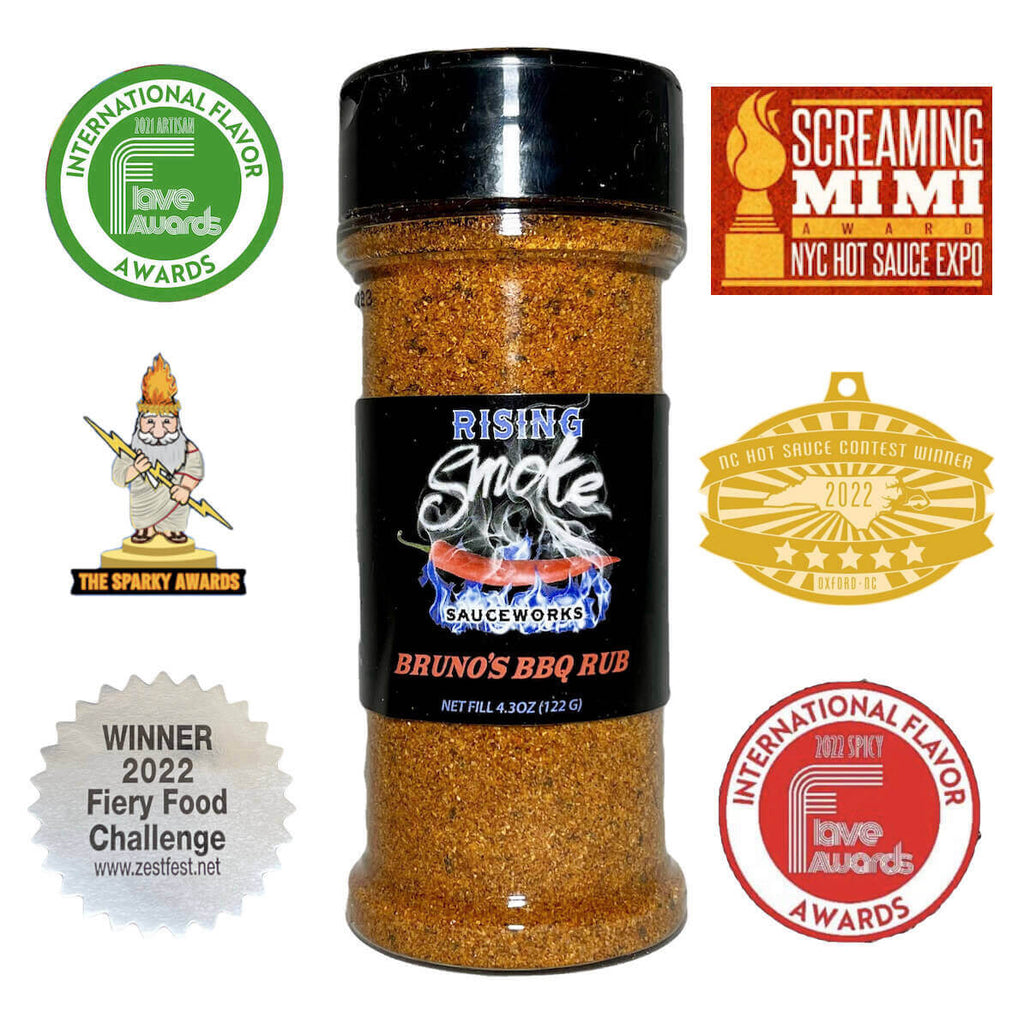 Bruno's BBQ Rub. Award Winning.  All Natural.  Vegan.  Gluten Free.  Mesquite Smokiness.  Mild Heat Level.