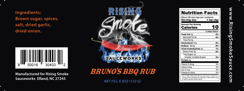 Bruno's BBQ Rub. Award Winning.  All Natural.  Vegan.  Gluten Free.  Mesquite Smokiness.  Mild Heat Level.  Nutritional Info