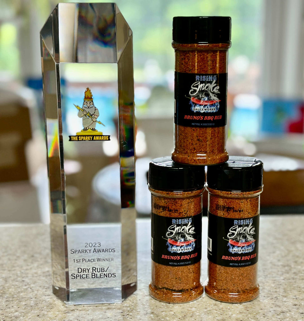 Bruno's BBQ Rub. Award Winning.  All Natural.  Vegan.  Gluten Free.  Mesquite Smokiness.  Mild Heat Level.