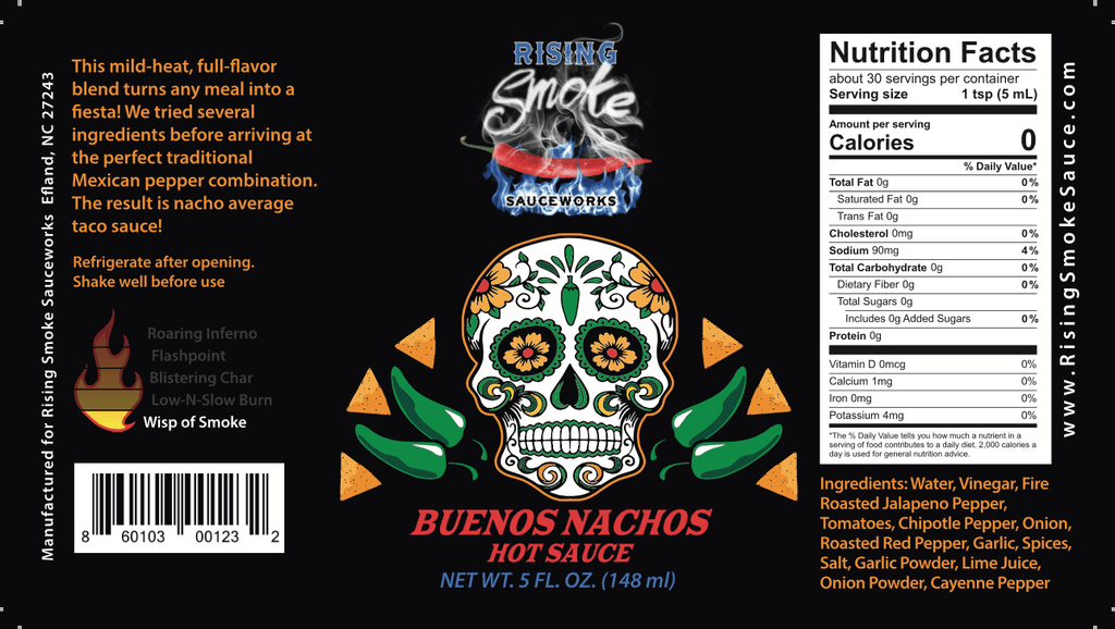 Buenos Nachos mild taco sauce.  Chipotle, roasted jalapeños.  Multiple award winning. All Natural.  Gluten Free.  Vegan.  Nutritional Panel.