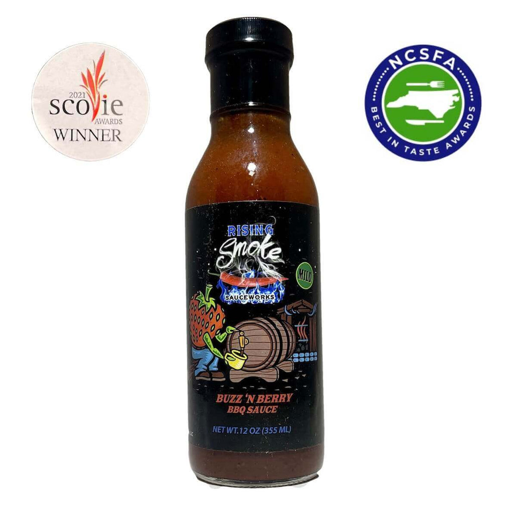 Buzz'N Berry Mild Strawberry Bourbon BBQ Sauce.  Award Winning.  Gluten Free.  All Natural.