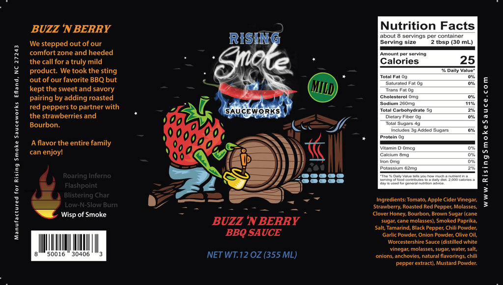 Buzz'N Berry Mild Strawberry Bourbon BBQ Sauce.  Award Winning.  All Natural.  Gluten Free.  Nutritional Panel