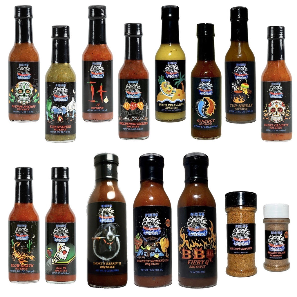 Complete collection of all of Rising Smoke Sauceworks award winning hot sauces, BBQ sauces and spice blends.