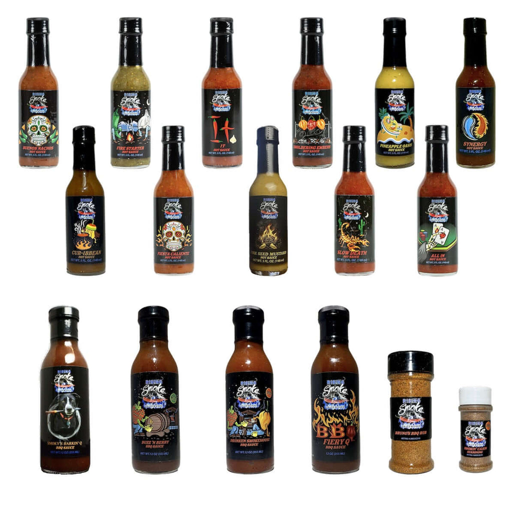 Complete collection of all of Rising Smoke Sauceworks award winning hot sauces, BBQ sauces and spice blends.