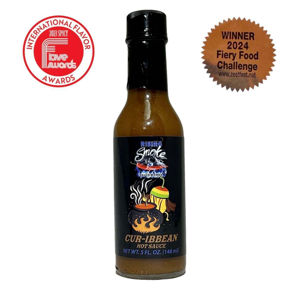 Cur-ibbean Hot Sauce Award Winning fusion.  Part curry, part Caribbean jerk.  All natural.  Gluten Free.