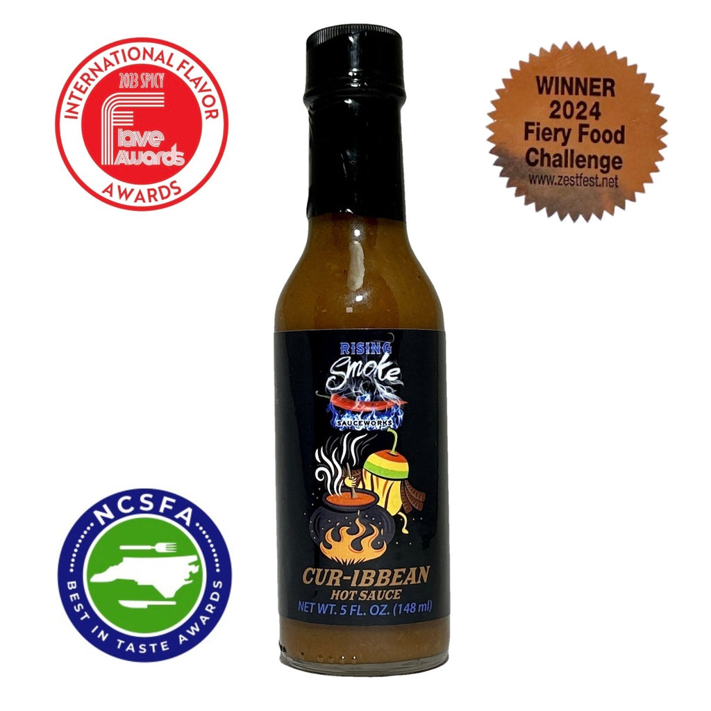 Cur-ibbean Hot Sauce Award Winning fusion.  Part curry, part Caribbean jerk.  All natural.  Gluten Free.