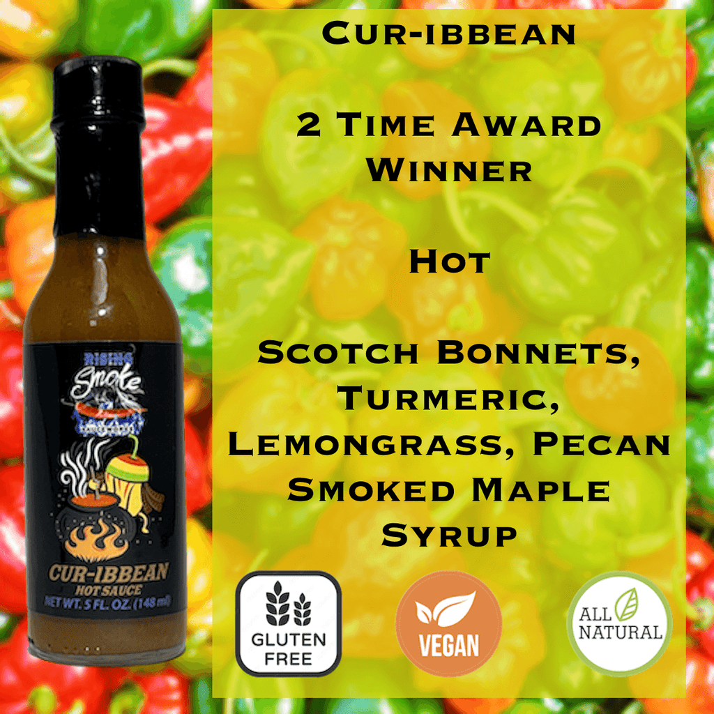 Cur-ibbean Hot Sauce Award Winning fusion.  Part curry, part Caribbean jerk.  All natural.  Gluten Free.