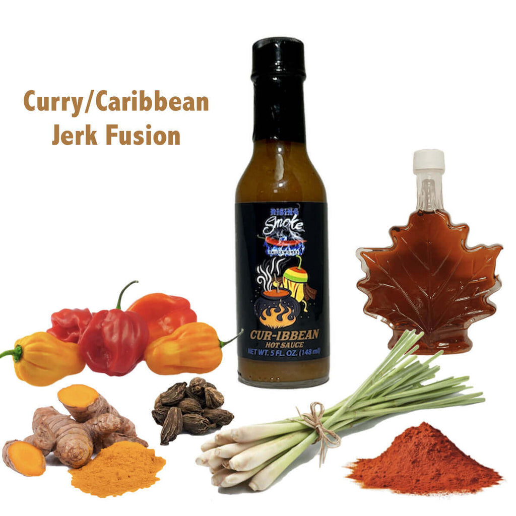 Cur-ibbean Hot Sauce Award Winning fusion.  Part curry, part Caribbean jerk.  All natural.  Gluten Free.