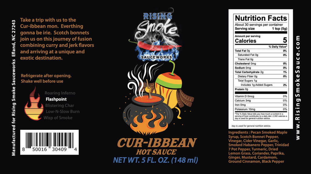 Cur-ibbean Hot Sauce Award Winning fusion.  Part curry, part Caribbean jerk.  All natural.  Gluten Free.  Nutritional Panel