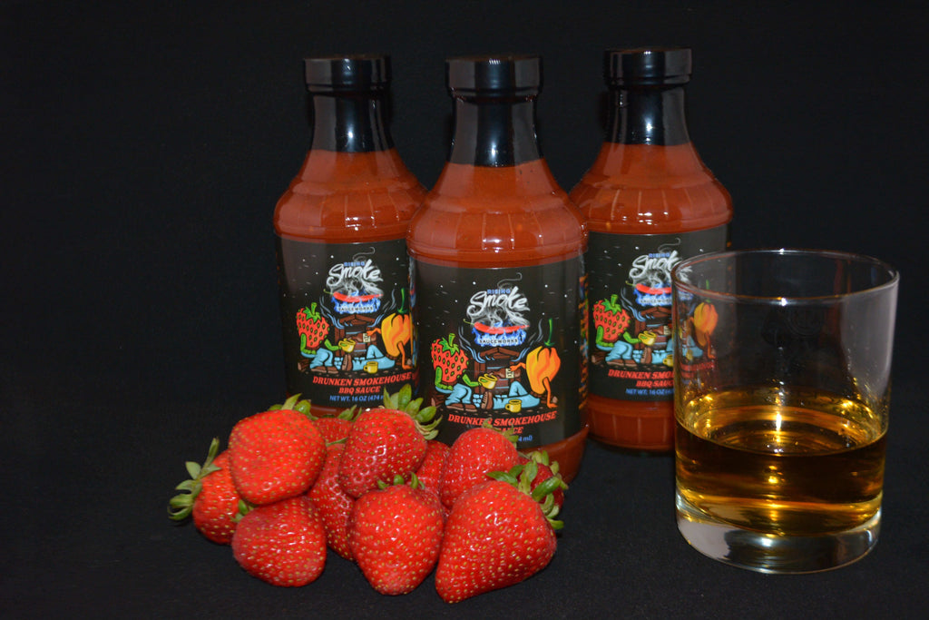 Rising Smoke Sauceworks Drunken Smokehouse BBQ Sauce.  Strawberry, bourbon and smoked habaneros.  Award winning.  All Natural.  Gluten Free.