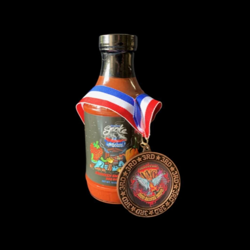 Rising Smoke Sauceworks Drunken Smokehouse BBQ Sauce.  Strawberry, bourbon and smoked habaneros.  Award winning.  All Natural.  Gluten Free.