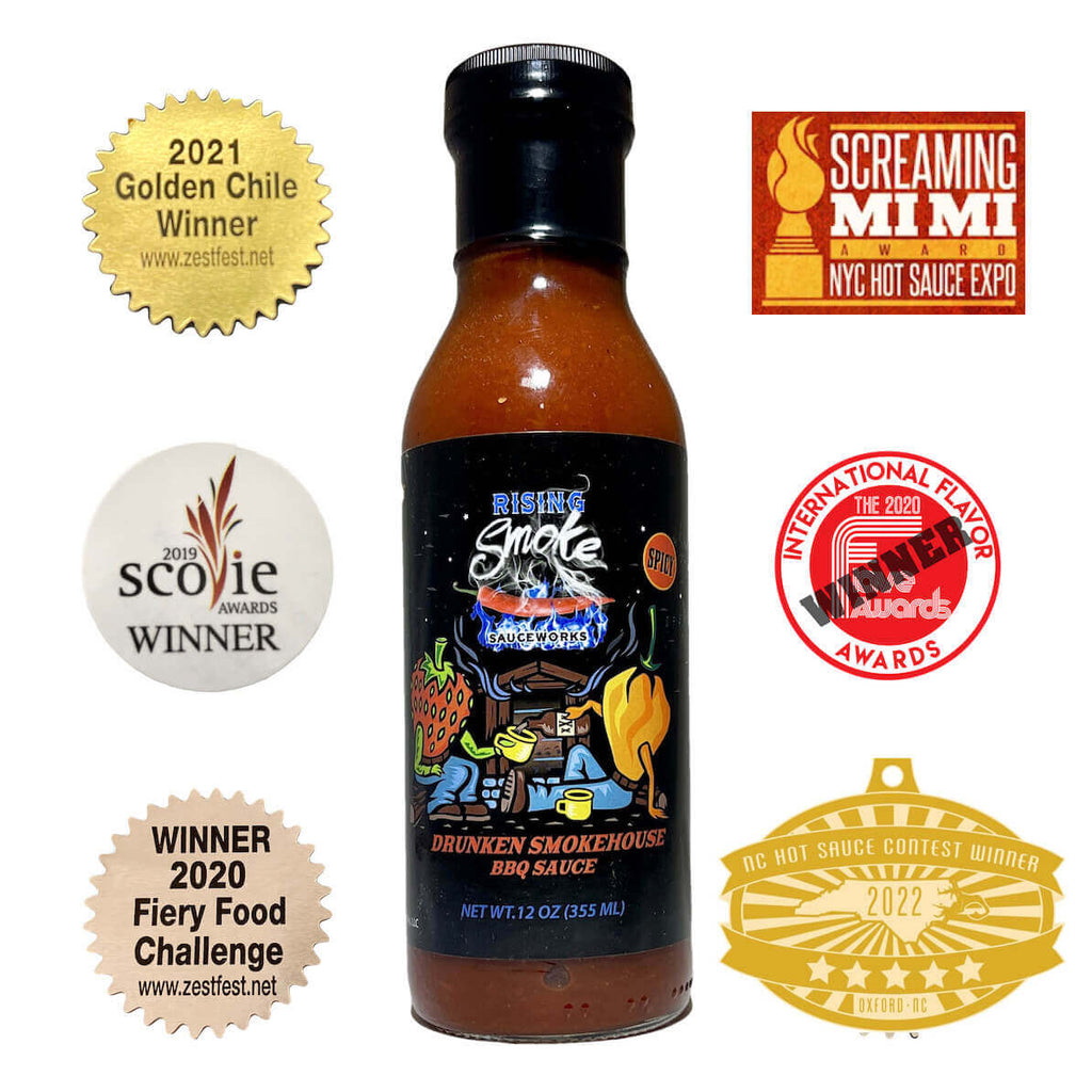 Rising Smoke Sauceworks Drunken Smokehouse BBQ Sauce.  Strawberry, bourbon and smoked habaneros.  Award winning.  All Natural.  Gluten Free.