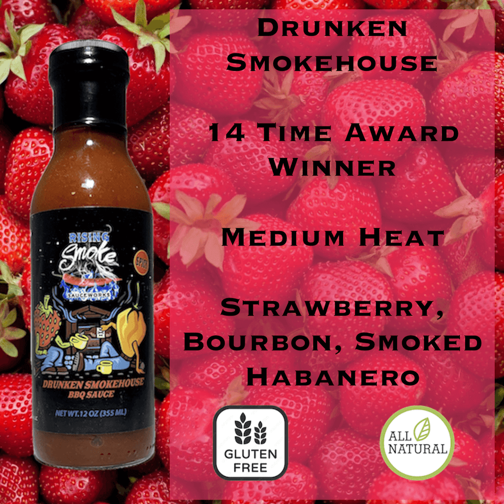 Drunken Smokehouse Medium Heat Strawberry Bourbon and Smoked Habanero BBQ Sauce.  Award Winning.  All Natural.  Gluten Free.