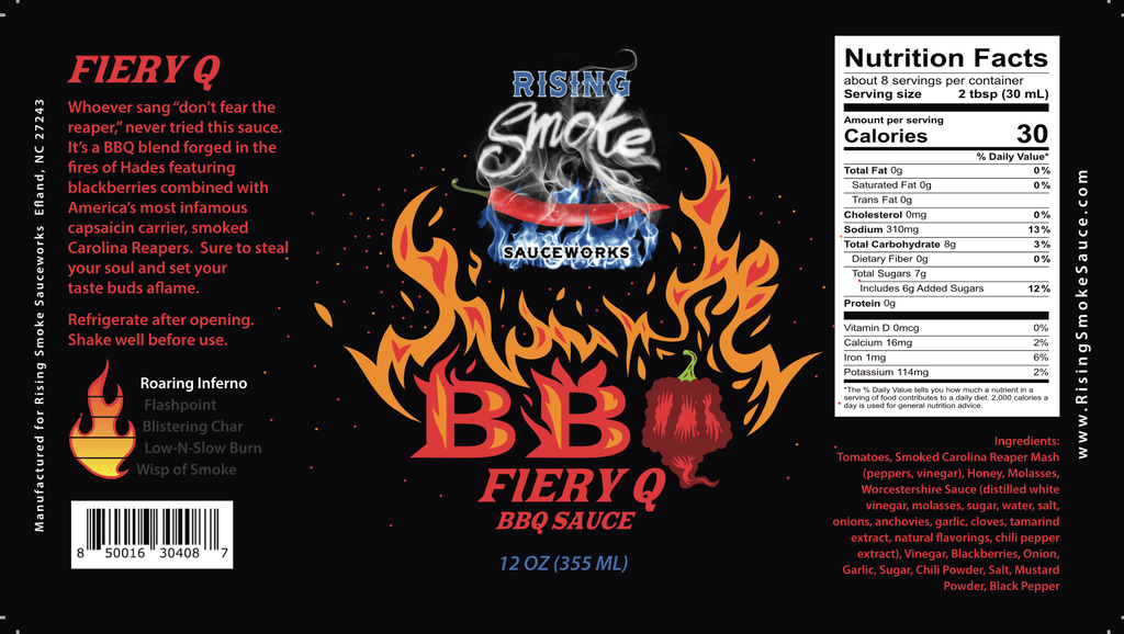 Fiery Q Hot Carolina Reaper Blackberry BBQ Sauce.  All Natural.  Gluten Free.  Award Winning.  Nutritional Panel