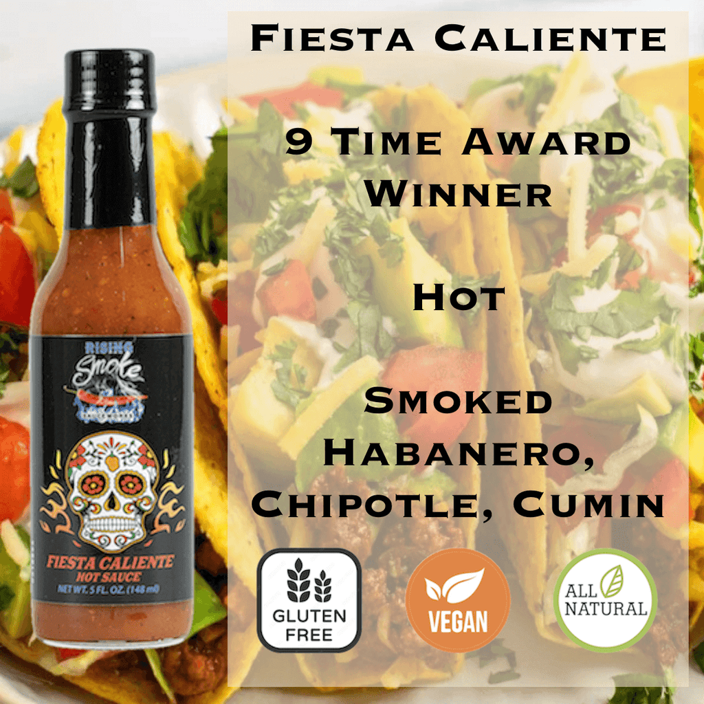 Fiesta Caliente hot sauce.  Hot taco flavored sauce.  All Natural.  Award winning.  Gluten Free.  Vegan.  Mexican