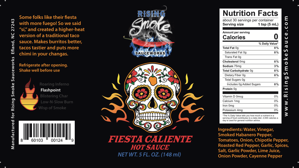 Fiesta Caliente hot sauce.  Hot taco flavored sauce.  All Natural.  Award winning.  Gluten Free.  Vegan.  Nutritional Panel.