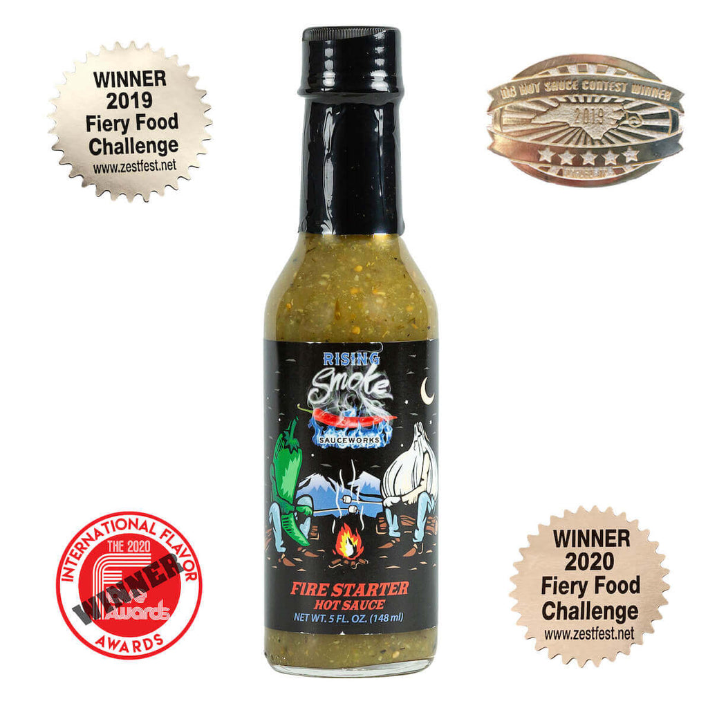 Rising Smoke Sauceworks Fire Starter Hot Sauce.  Roasted jalapeños, garlic, onions and tomatillos.  Multiple award winning.  All natural.  Vegan.  Gluten Free.