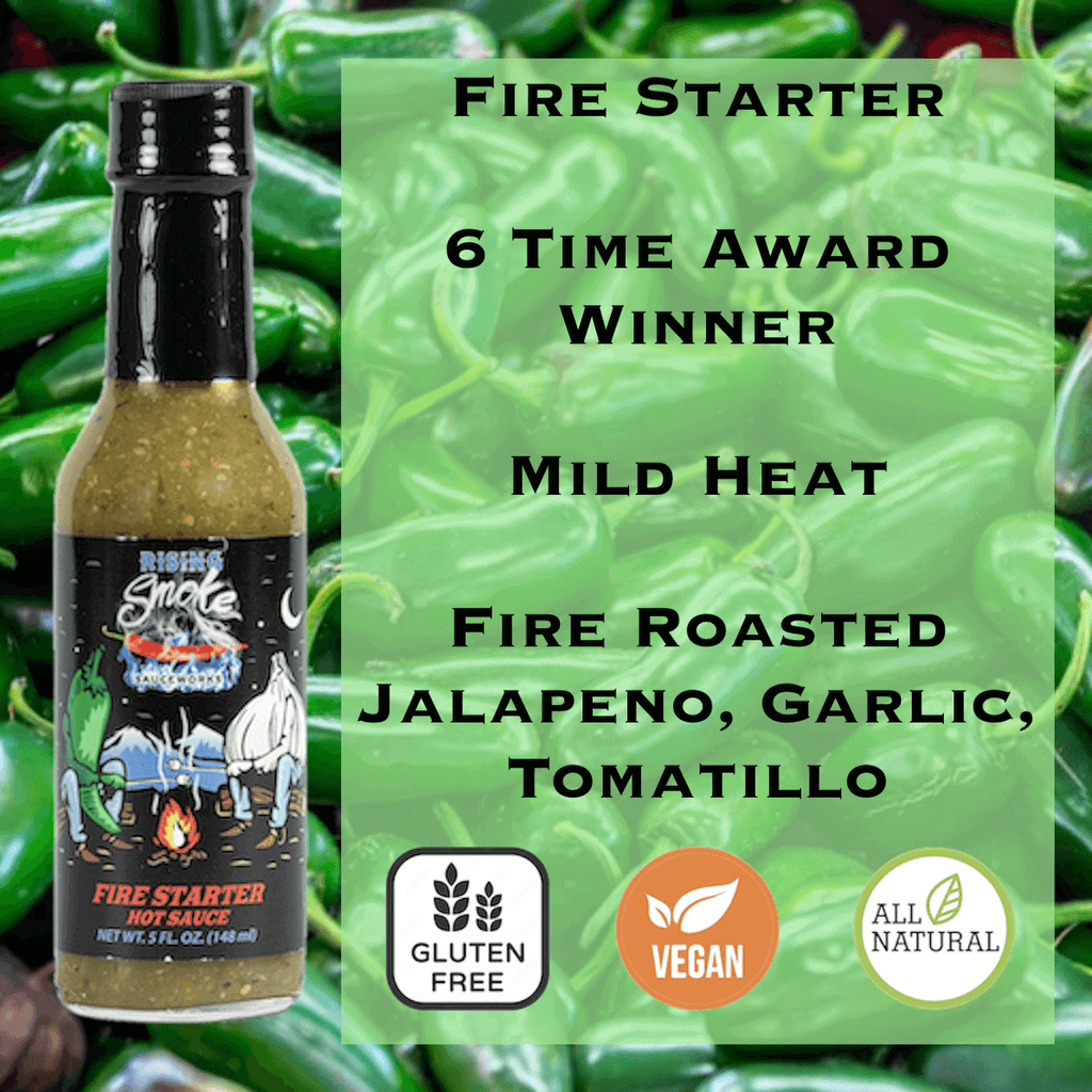 Rising Smoke Sauceworks Fire Starter Hot Sauce.  Roasted jalapeños, garlic, onions and tomatillos.  Multiple award winning.  All natural.  Vegan.  Gluten Free.