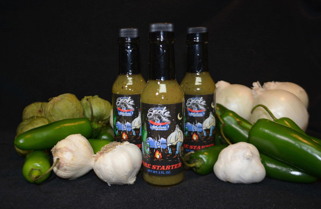 Rising Smoke Sauceworks Fire Starter Hot Sauce.  Roasted jalapeños, garlic, onions and tomatillos.  Multiple award winning.  All natural.  Vegan.  Gluten Free.