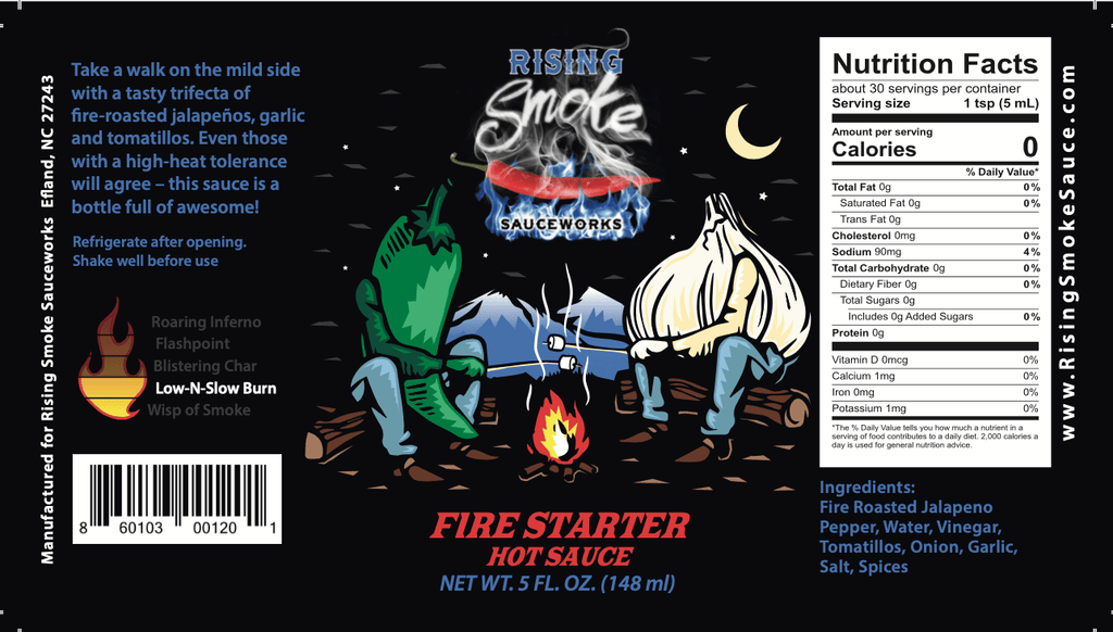 Rising Smoke Sauceworks Fire Starter Hot Sauce.  Roasted jalapeños, garlic, onions and tomatillos.  Multiple award winning.  All natural.  Vegan.  Gluten Free.  Nutritional panel.