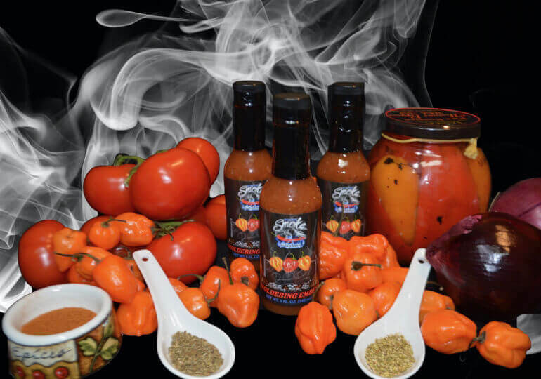 Smoldering Embers Smoked Habanero, tomato and basil hot sauce.  Award winning, gluten free, vegan, all natural.