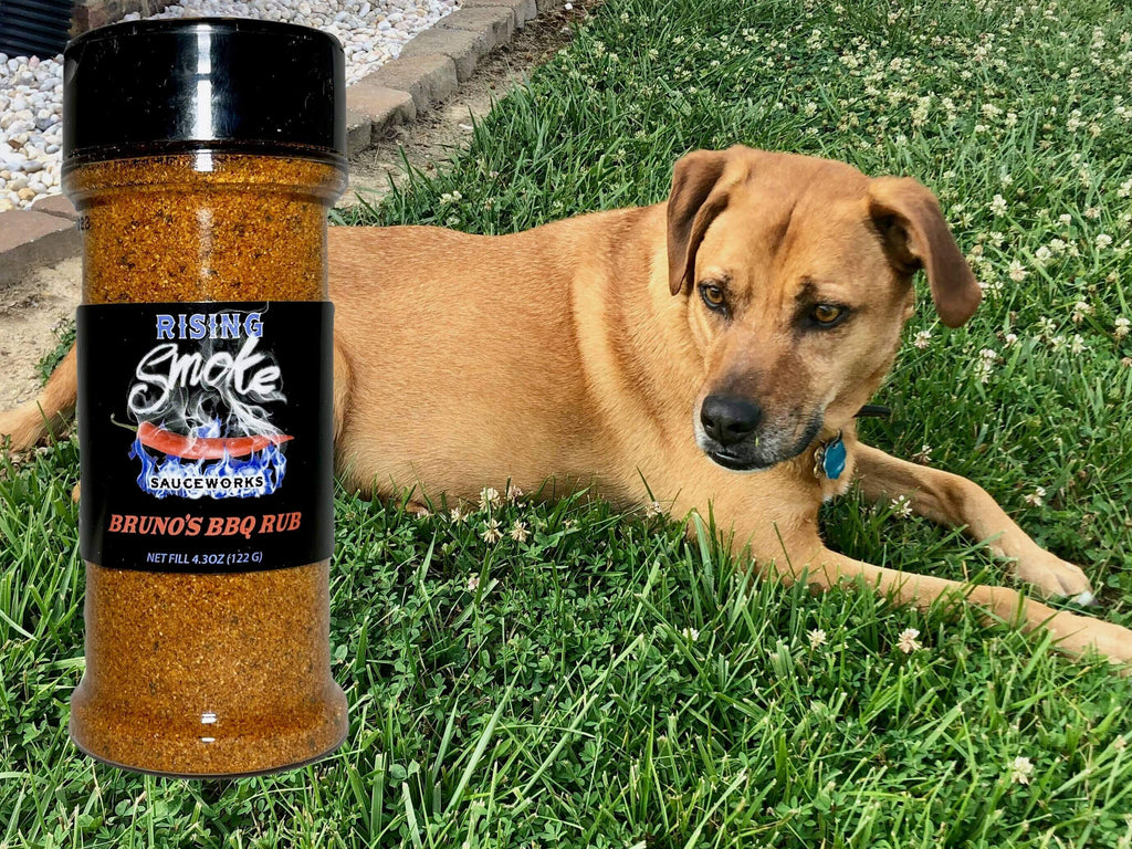 Bruno's BBQ Rub. Award Winning.  All Natural.  Vegan.  Gluten Free.  Mesquite Smokiness.  Mild Heat Level.