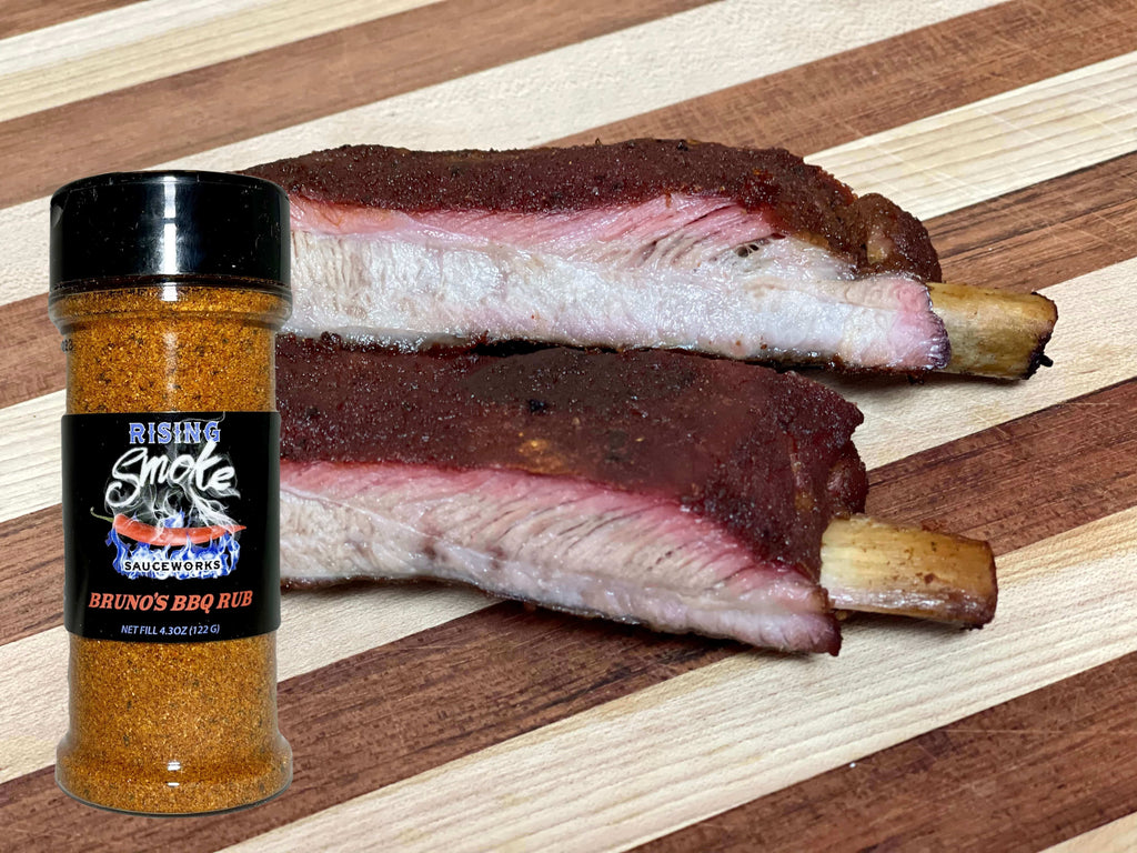 Bruno's BBQ Rub. Award Winning.  All Natural.  Vegan.  Gluten Free.  Mesquite Smokiness.  Mild Heat Level.