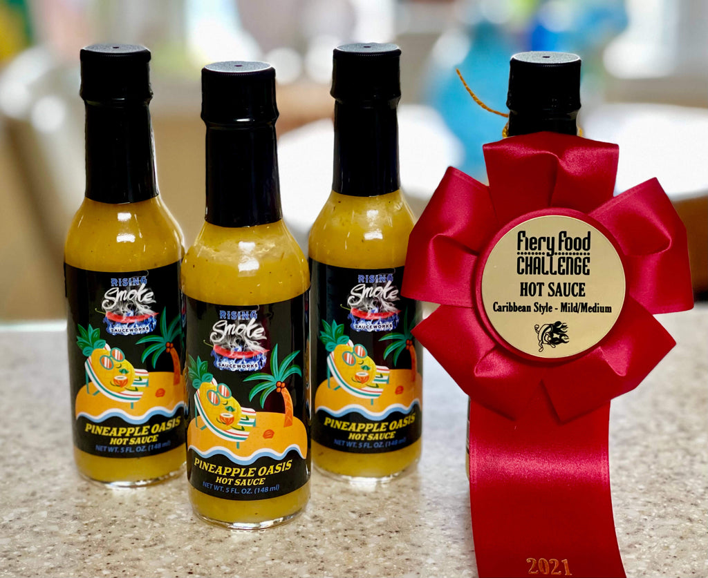 Pineapple Oasis hot sauce.  Pineapple, roasted bell pepper, ginger.  All natural.  Gluten free.  Award winning.