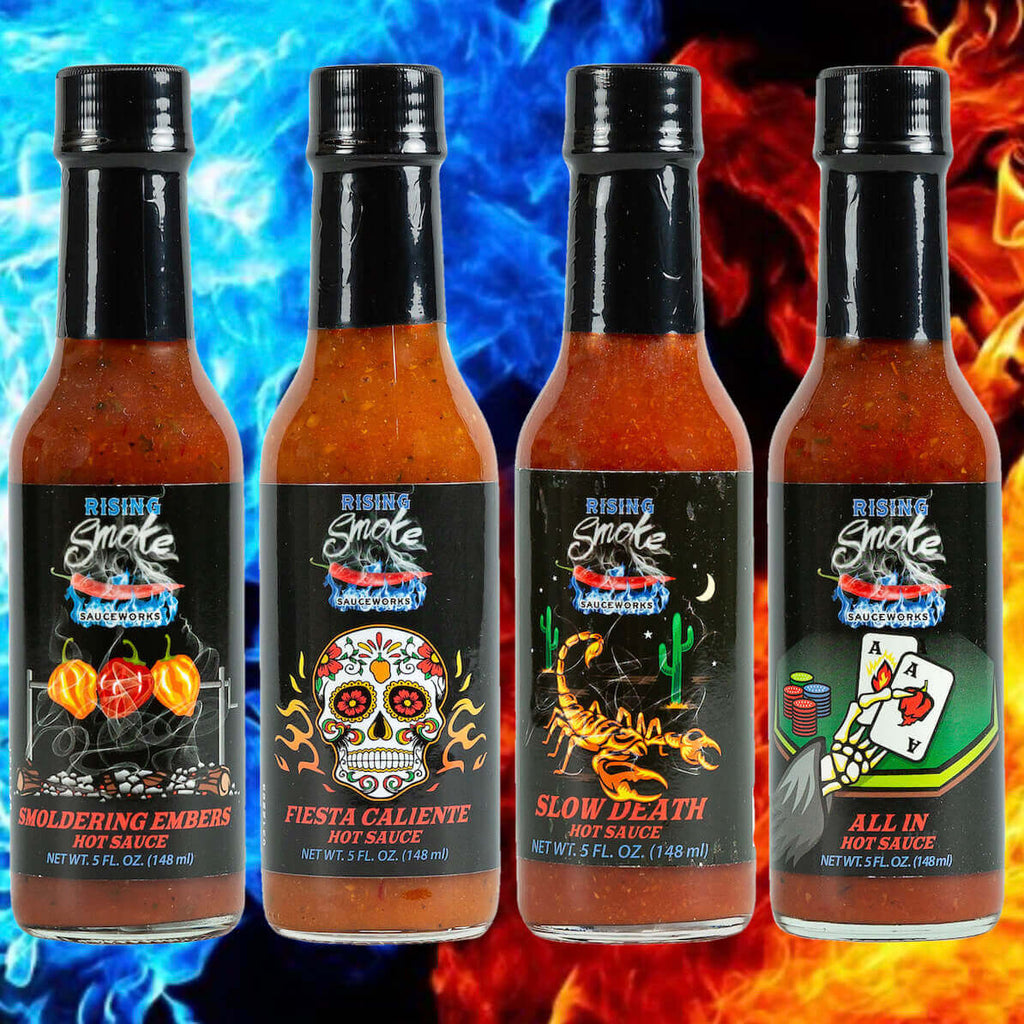 Inferno 4 Pack Smoldering Embers Fiesta Caliente Slow Death All In.  4 award winning gluten free hot sauces.