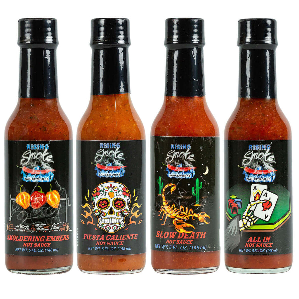 Inferno 4 Pack Smoldering Embers Fiesta Caliente Slow Death All In.  4 award winning gluten free hot sauces.