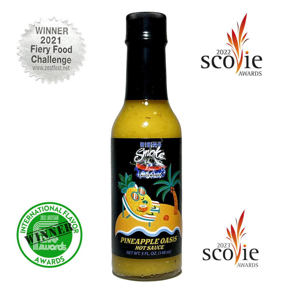 Pineapple Oasis hot sauce.  Pineapple, roasted bell pepper, ginger.  All natural.  Gluten free.  Award winning.