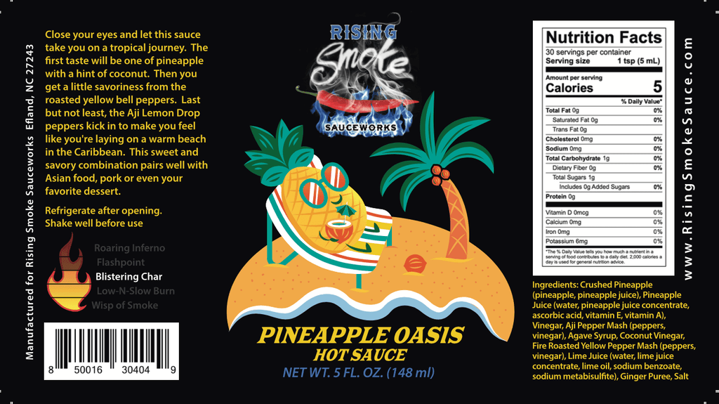 Pineapple Oasis hot sauce.  Pineapple, roasted bell pepper, ginger.  All natural.  Gluten free.  Award winning.