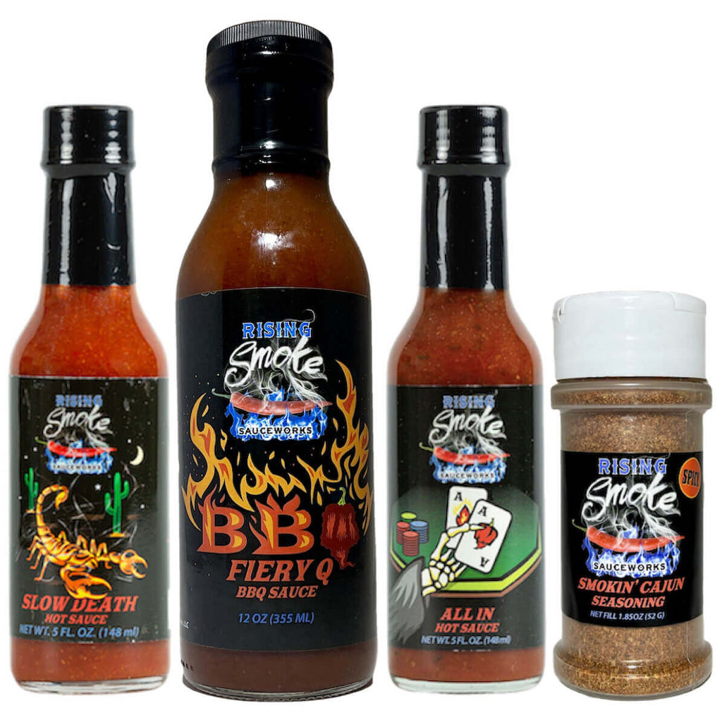 Roaring Inferno Collection - Slow Death, All In, Fiery Q, Cajun Seasoning.  Bringing the heat.  All award winning, gluten free.