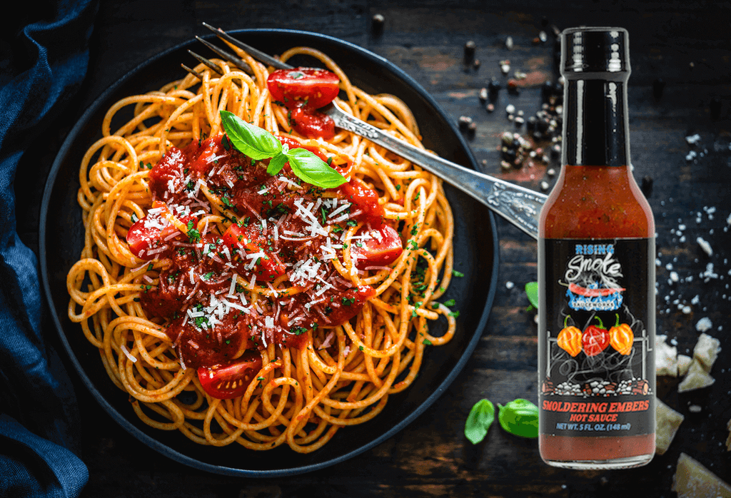 Smoldering Embers Smoked Habanero, tomato and basil hot sauce.  Award winning, gluten free, vegan, all natural.