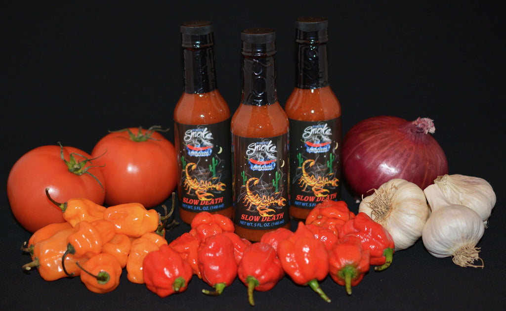 Slow Death hot sauce.  Trinidad scorpion, smoked habaneros, tomato and garlic.  Award winning.  All natural.  Gluten free.  Vegan.