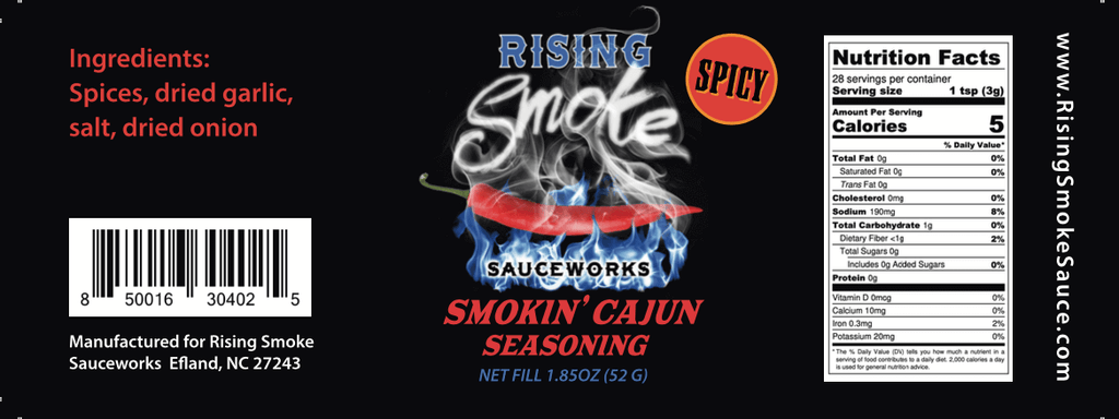 Smokin' Cajun ghost pepper seasoning. Gluten Free.  Award winning.  Nutritional panel.