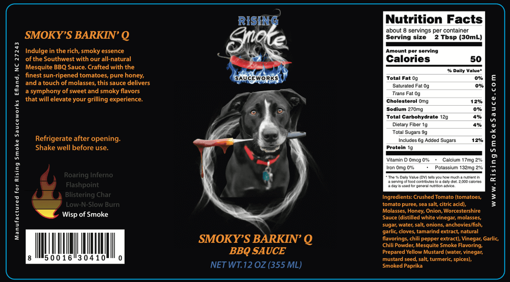 Smokys Barkin Q Mild Mesquite BBQ Sauce.  All natural, gluten free.  Product label, nutritional facts