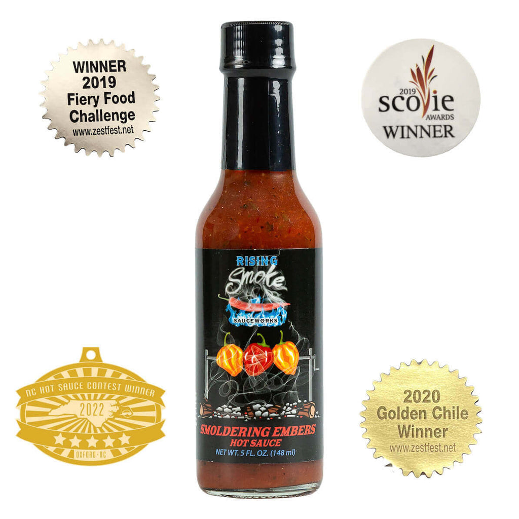 Smoldering Embers Smoked Habanero, tomato and basil hot sauce.  Award winning, gluten free, vegan, all natural.