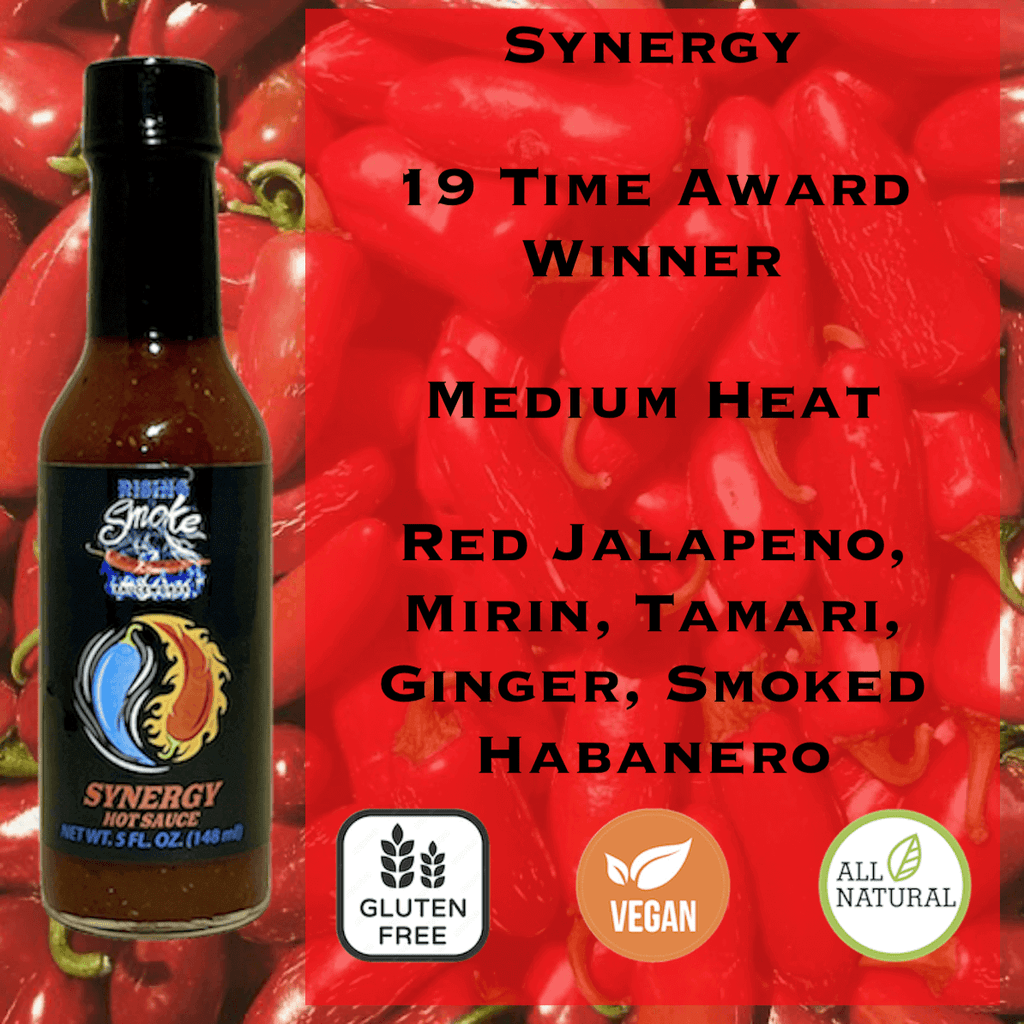 Synergy, award winning Asian flavored umami hot sauce.  All natural.  Gluten Free.