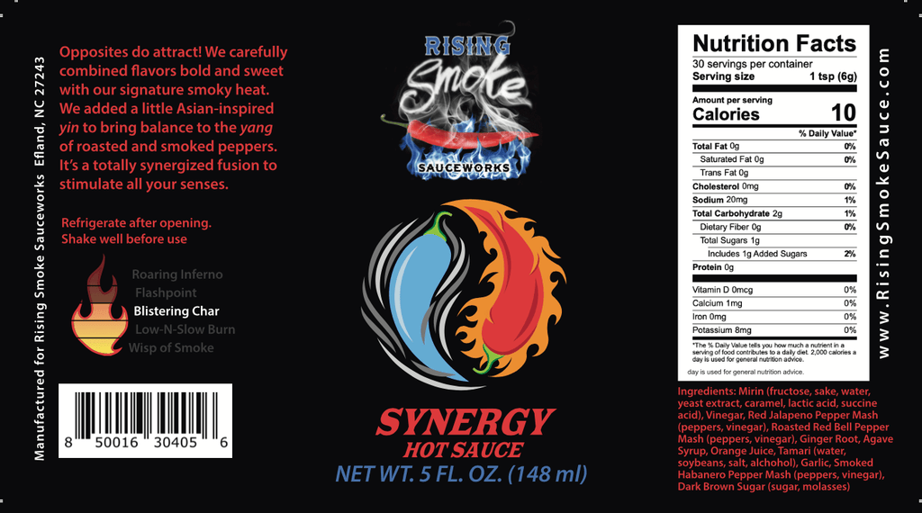 Synergy, award winning Asian flavored umami hot sauce.  All natural.  Gluten Free.  Nutritional panel.