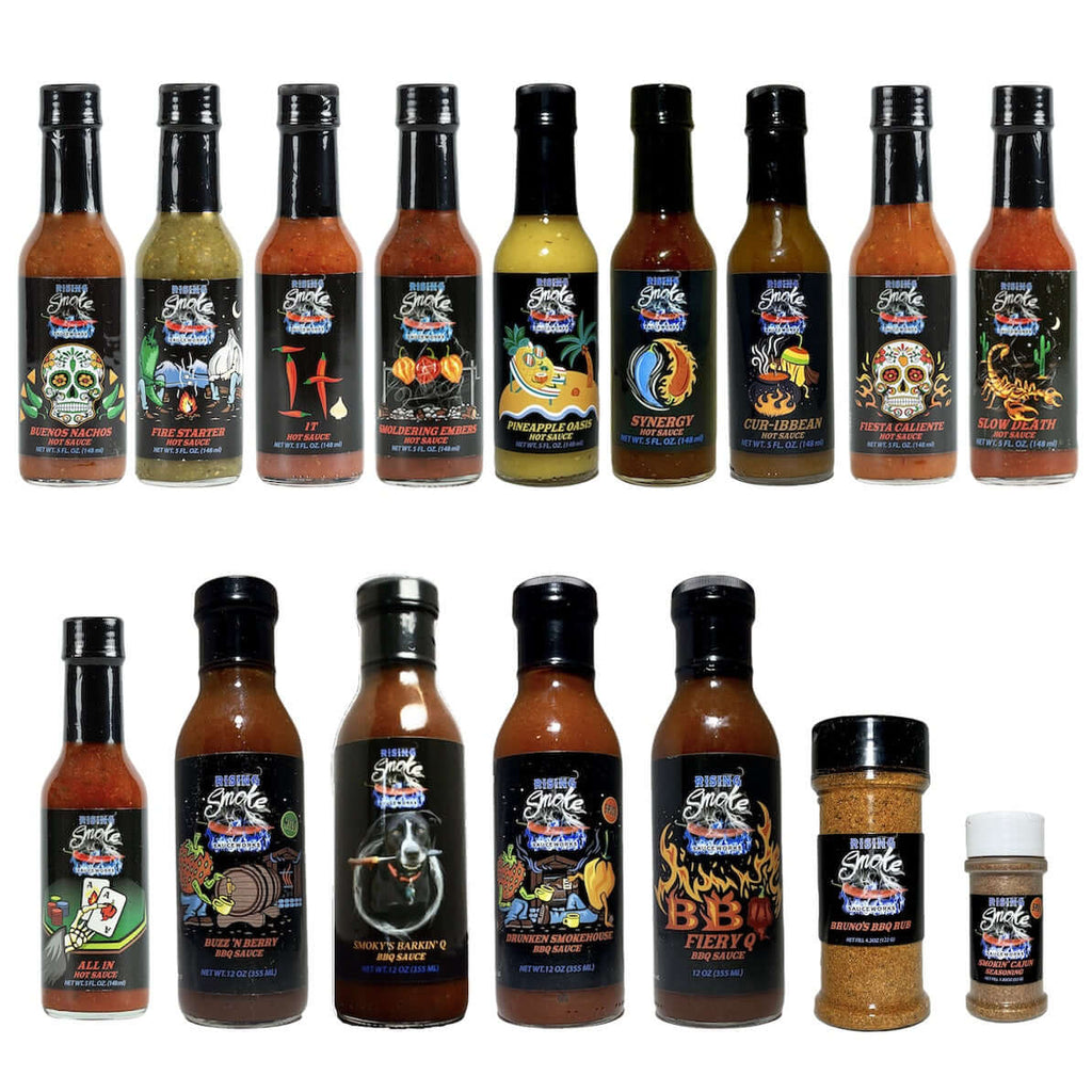 Complete collection of all of Rising Smoke Sauceworks award winning hot sauces, BBQ sauces and spice blends.