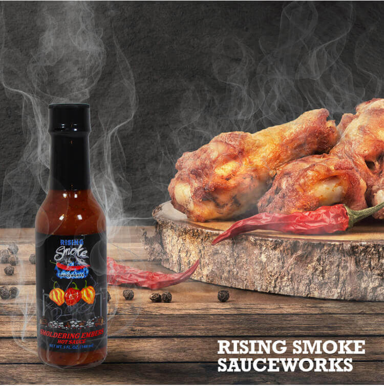 Smoldering Embers Smoked Habanero, tomato and basil hot sauce.  Award winning, gluten free, vegan, all natural.