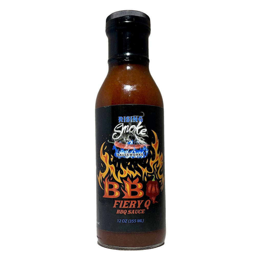 Rising Smoke Sauceworks Fiery Q BBQ sauce.  Very hot.  Smoked carolina reapers and blackberries