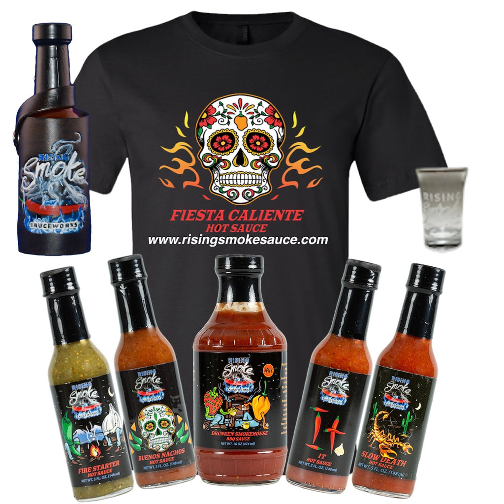 Level 4 gift bundle 4 pack of hot sauce, t-shirt, leather holster, shot glass, bbq sauce