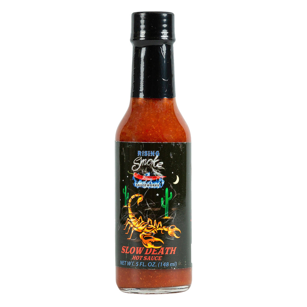 Rising Smoke Sauceworks Slow Death hot sauce.  Trinidad scorpions. smoked habaneros and garlic.